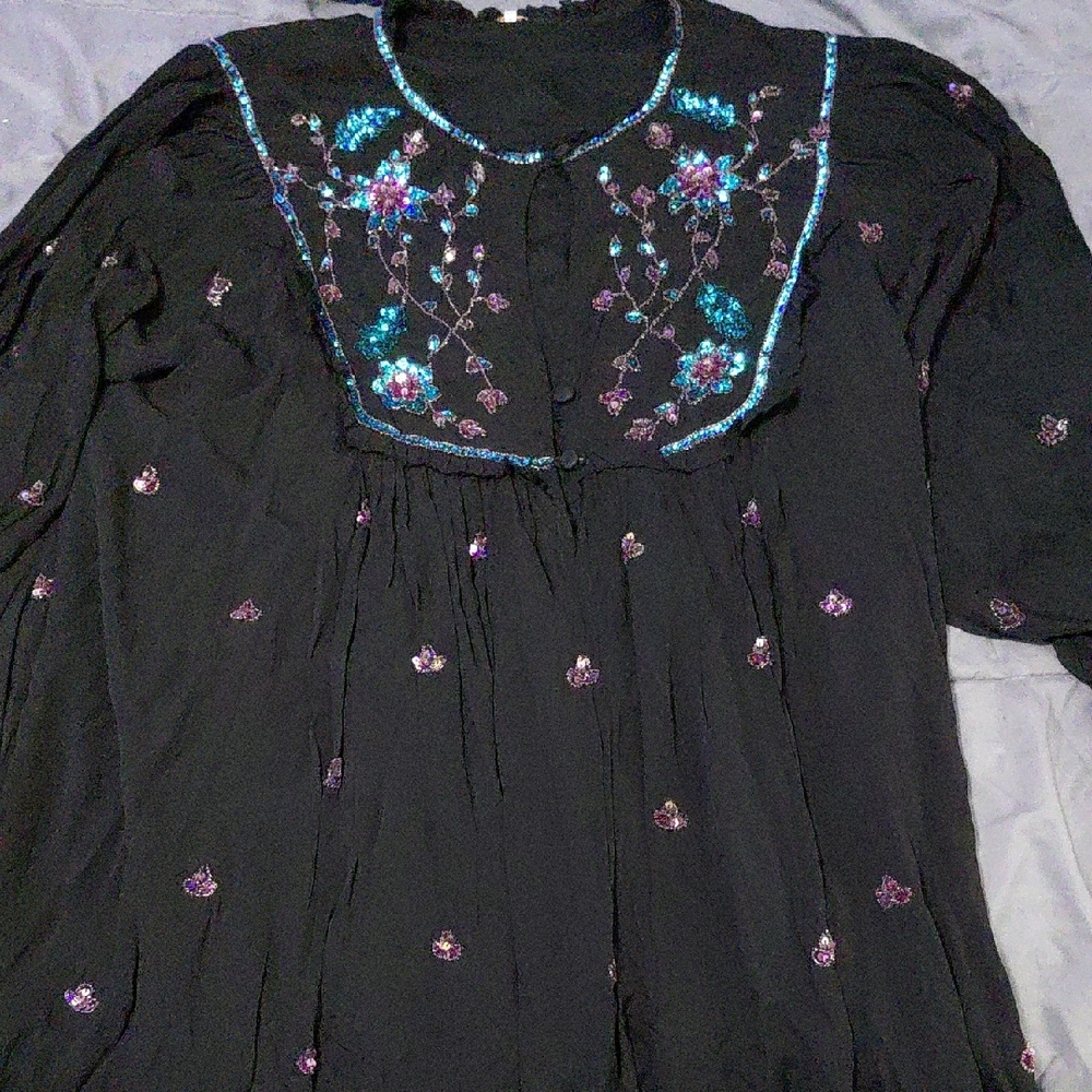 Free People Black Tunic with Purple and Blue Embroidery